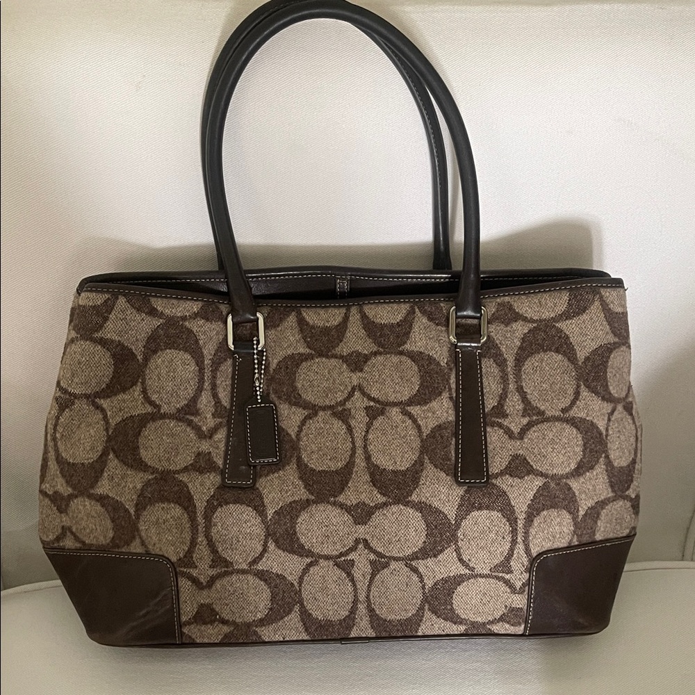 Coach Vtg Wool & Leather Signature Brown Tote, Handbag, Satchel- 7721